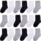 Duufin 18 Pairs Toddler Socks Kids Mid Cut Half Cushion Socks Breathable Unisex Socks for Baby Girls and Boys, Black White Grey, 1-2 Years