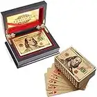 VIROSA 100 Dollar Playing Cards | 24k Carat Gold Plated Poker Cards | Includes Deluxe Wooden Gift Box, Ideal for Family, Magic Party Game