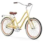 sixthreezero EVRYjourney Women's 7-Speed Step-Through Hybrid Cruiser Bicycle, 26" Wheels with 17.5" Frame, Cream with Brown Seat and Grips, Model:630034