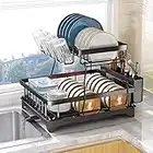 2 Tier Dish Drying Rack Drainboard Set for Kitchen Counter, Dish Drainer Rack with Drainage, Large Dish Dryer with Detachable Utensil Holder and Cup Rack (Black)