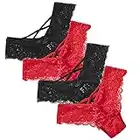 Floral Lace Sexy V-Back Criss Cross Mid Rise Thong Panties(S,Black+Red)