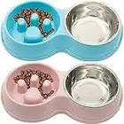 Camiter 2 Pack Double Slow Feeder Dog Bowl for Cat Dog and Puppy - Interactive Feeder Slow Down Feed Pets Twin Feeding Bowl with Stainless Steel Detachable Dish and Non-Slip Bottom