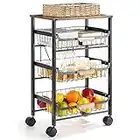 Carrito de Cocina 4 Ruedas, Carrito de Servicio de 4 Niveles, Carro con cestas metálicas con Tapa de Madera, Carro de Ahorro de Espacio para la Cocina, Baño, Restaurante