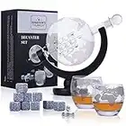 Decanter per whisky in vetro - Set di decanter per whisky in vetro - decanter da 850 ml con tappo in vetro, 2 bicchieri a globo incisi, imbuto di colata in acciaio inox e 9 pietre per whisky