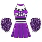 TiaoBug Enfant Fille Déguisement Cheerleaders Costume Pom-pom Girl Cosplay Halloween Carnaval Crop Top Plissé Jupe avec Pompoms Tenue de Fête Violet A 9-10 ans