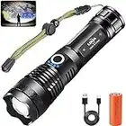 Torcia LED Potente 90000 Lumen, Professionale Ricaricabile Tattica Militare Torce XHP70.2, Elettrica Torcia IP65 Impermeabile 5 Modalità Alta Potenza Campeggio Torcia Zoomabile con 26650 Batteria