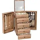 Meangood Jewelry Box Wood for Wowen, 5-Layer Large Organizer Box with Mirror & 4 Drawers for Rings, Earrings, Necklaces, Vintage Style Torched Wood