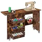 VIVOHOME Folding Sewing Craft Table, Rolling Sewing Machine Desk with Storage Shelves, Sewing Cabinet with Lift for Small Spaces, Rustic Brown