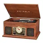 Victrola VTA-250B-MAH Lecteur de disque Bluetooth nostalgique 4 en 1 avec platine 3 vitesses Radio FM et entrée auxiliaire en acajou