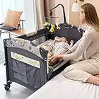 SKIH 5 in 1 baby bedside Sleeper, Bassinet with Toys & Music Box, Mattress, Foldable Playard, Portable Travel crib for Girl Boy Infant Newborn (Grey)