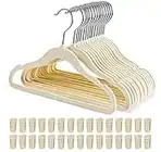 HOUISM Kids Velvet Hangers with 30 Finger Clips Ivory, Non-slip Children Clothes Hangers, Ultra-Slim Space Saving Hangers for Baby Toddler and Nursery Clothing Coats-15Pack