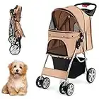 COSTWAY Poussette pour Chien Pliable à 4 Roues Charge 15KG, Chariot pour Chat Portable avec Panier de Rangement Fenêtre en Maille, pour Animaux de Compagnie Moins de 40,5CM (Beige)