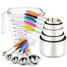 Measuring Cups and Spoons Set 11 Piece. Includes 10 Stainless Steel Measuring Spoons and Cups Set and 1 Plastic Measuring Cup. Liquid Measuring Cups Set and Dry Metal Measuring Cup Set