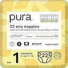 Pura Eco Baby Nappies Size 1 (Newborn 2-5kg / 4-11 lbs) 1 Pack of 22 Diapers, New Baby, EU Ecolabel Certified, Made with Organic Cotton, Wetness Indicator, Tiny Small Baby