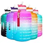 QuiFit Motivational Gallon Water Bottle - with Straw & Time Marker BPA Free Large Reusable Sport Water Jug with Handle for Fitness Outdoor Enthusiasts Leak-Proof (Pink/Blue,1 gallon)