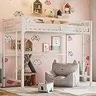 IKIFLY Junior Metal Twin Loft Bed Frame/Two Build-in Ladders & Safety Guard Rail - for Adults/Teens - Easy Assembly, Space-Saving Design - White
