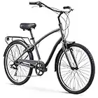 sixthreezero EVRYjourney Steel Bicicleta híbrida de 7 velocidades para hombre, bicicleta de 26 pulgadas, color gris mate con asiento negro y puños negros