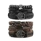 HZMAN Genuine Leather Tree of life Bracelets Men Women, Tiger Eye Natural Stone Lava Rock Beads Ethnic Tribal Elastic Bracelets Wristbands (2Pcs)