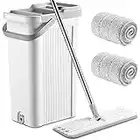 LIVINGbasics Self-Wash and Squeeze Dry Flat Mop and Bucket Set for Floor Cleaning, Microfiber Floor Mop with 2 Reusable Refills Stainless Steel Handle Household Mop Buckets for Hardwood Tile Laminate Floors