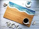 Ocean Sea Wave art Large Cutting bamboo board, blue serving board, Turquoise chopping board, teal handmade cheese board, Resin art