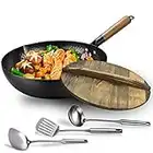 Carbon Steel Wok pan Flat Bottom pan with lid for Electric, Induction and Gas stoves (12.5 inch Wok,lid, 1 Soup ladle and 2 spatulas Included)