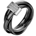 JewelryWe Bijoux Bague Femme Anneaux Entrelacé Faux Diamant Mariage Céramique Acier Inoxydable Anneaux Fantaisie Couleur Noir Argent Largeur 3mm avec Sac Cadeau(Taille de Bague 59.5)