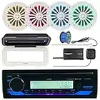 Single DIN Marine Bluetooth CD Receiver Bundle Combo with Radio Cover, 4x Enrock 6.5" 2 Way 180W LED Speakers (White), Satellite Radio Tuner Kit, Radio Antenna, 50 Foot 16-G Tinned Speaker Wire