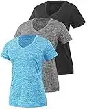 Star Vibe 3 Pack Women's Short Sleeve Dry Fit T-Shirts Moisture Wicking Athletic V-Neck Gym Tee Exercise Yoga Tops Black/Gray/Blue M