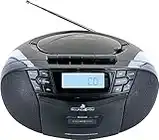 SCHWAIGER 658026 Lettore CD con cassette e radio MP3 Connessione USB Radio FM Cuffie AUX Boombox Funzionamento a rete e a batteria Display portatile nero