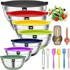 AIKKIL Mixing Bowls with Airtight Lids, 20 piece Stainless Steel Metal Nesting Bowls, Non-Slip Colorful Silicone Bottom, Size 7, 3.5, 2.5, 2.0,1.5, 1,0.67QT, Great for Mixing, Baking, Serving