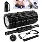 Rullo Massaggio Muscolare, Qveetry 6 in 1 Foam Roller Rullo in Schiuma Pallina Massaggiante Bastone Massaggio bande di resistenza per Stretching Yoga Pilates Rilascio Miofasciale (Nero)