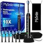 MySmile Electric Toothbrush for Adults, Rechargeable Sonic Electronic Toothbrush with 6 Brush Heads and Travel Case, 5 Modes 2 Mins Smart Timer, 48000VPM 10X Powerful than Manual Toothbrush (Black)