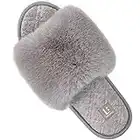 LongBay Women's Fuzzy Faux Fur Memory Foam Cozy Flat Spa Slide Slippers Comfy Open Toe Slip On House Shoes Sandals (Medium / 7-8, Gray)