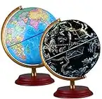 Illuminated World Globe for Kids With Wooden base Night View Stars Constellation Pattern Globe lamp with Detailed World Map Built-in LED Educational Gift Night Stand Decor + pen and Cleaning Cloths