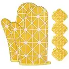 AUAUY 1 Par Manoplas Horno, Algodón Antideslizante Cotton Guantes Cocina, Oven Gloves Resistente al Calor para Hornear Cocinar Barbacoa Microondas con 4 Manteles Aislados(Amarillo)