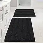 Extra Thick Striped Bath Rugs for Bathroom - Anti-Slip Bath Mats Soft Plush Chenille Yarn Shaggy Mat Living Room Bedroom Mat Floor Water Absorbent (Set of 2, Black, 20 x 32 Plus 17 x 24 - Inches)