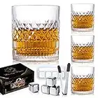 NEW PACIFIC YOUYAH Set de 4 Vasos de Whisky,Vasos con 4 Cubitos de Hielo y Pinza,Vasos de Cristal sin Plomo para Bar,Regalos para Hombres,Vasos para Brandy,Cocktail,Vodka,Bourbon, Coñac (Clásico)