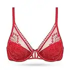 Deyllo Women's Sexy Lace Underwire Bra Plunge Floral Mesh Bra Lightweight Lined Padded Cups Bra（Lava Red，38DD）