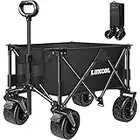 LUXCOL Collapsible Folding Wagon, Heavy Duty Utility Beach Wagon Cart for Sand with Big Wheels, Adjustable Handle&Drink Holders for Shopping, Camping,Garden and Outdoor (Black)