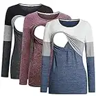 Bearsland Women's 3 Packs Maternity Nursing T-Shirt Long Sleeves Breastfeeding Shirts Nursing Top,blkgry+gryblu+red,L