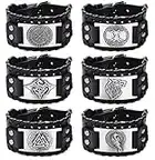 SAILIMUE 6Pcs Viking Bracelet for Men Punk Wide Leather Cuff Bracelet Viking Jewelry Men Nordic Bracelet with Runic Compass Wolf Fenrir-Celtic Pagan Jewelry of Talisman