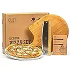 Cuzi Gourmet XL 4-Piece Pizza Stone Set - 15" Thermal Shock Resistant Cordierite Pizza Baking Stone, 22" Natural Bamboo Pizza Peel & Pizza Cutter Rocker - Large Pizza Stone for Grill and Oven