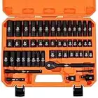 HORUSDY 3/8" Drive Impact Socket Set, 50-Piece Standard SAE (5/16 to 3/4 inch) and Metric (8-22mm) Size, 6 Point, Cr-V, 3/8-Inch Drive Ratchet Handle, Drive Extension Bar, Impact Universal Joint