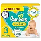 Pampers Baby Nappies Size 3 (6-10 kg / 13-22 lbs), New Baby, 204 Nappies, MONTHLY SAVINGS PACK, Protection For Sensitive Newborn Skin