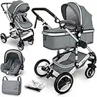 KIDUKU® Carrito de Bebé 3 en 1 | Silla de Paseo para Niños | Carricoche de 3 Piezas | Capazo, Cambiador, Cubrepiés | Sillita Coche Ligera Infantil (Gris)