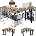 Unikito L Shaped Computer Desk with Magic Portable 4 Power Outlets and USB Charging Ports, 55 Inch Reversible L-Shaped Corner Table with Storage Shelf, 2 Person Home Office Gaming Desk, Rustic Brown