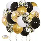 Zesliwy Black Gold Confetti Balloons 50 pack - 12 Inch Gold White and Black Confetti Balloons with Ribbons for Graduation Birthday Wedding Party Decorations…
