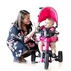 Joovy Tricycoo 4.1 Kids Tricycle with 4-Stages Featuring Extra-Wide Front Tire, Removable and Adjustable Parent Handle, Safety Harness, Machine-Washable Seat Pad, and Retractable Canopy (Pink)