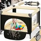 KIDIZ® Baby Laufstall faltbar Kinderbett, Reisebett zusammenklappbar ab Geburt bis 15 kg, Seiteneingang, Sicherungssystem LockGuard, Mit Räder, Inkl. Tragetasche Krabbelgitter, Beige/Schwarz