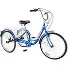 MarKnig 7 Speeds Adult Tricycles 24/26 Inch with Large Basket, 3 Wheels Cruise Bicycles for Shopping, Beach & City Trike for Men Women Senior for Recreation 24B